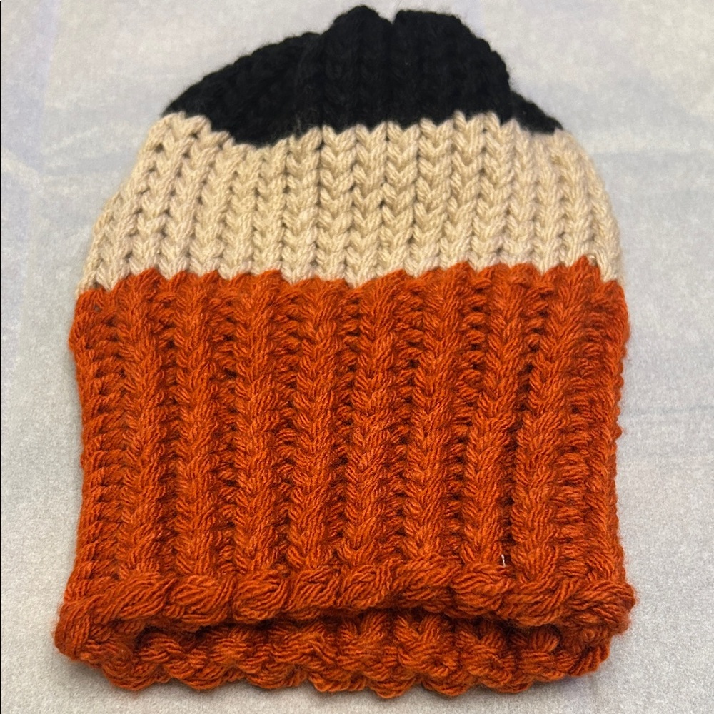 Orange, Beige, and Black Knit Beanie